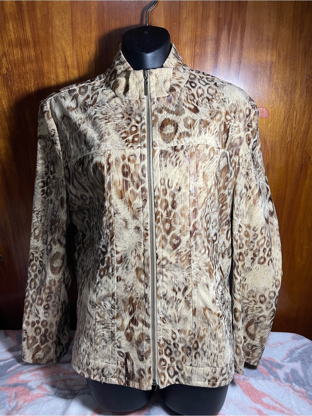 Leopard-Print Zip Front Jacket - Tan Brown size L